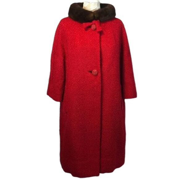 1960s Red Wool Mink Collar Brittany Stroock Full-Length Coat medium - Picture 5 of 17